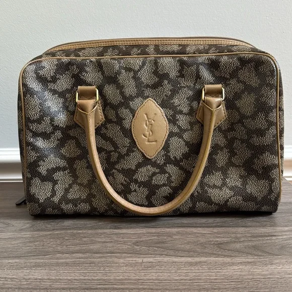 Vintage YSL Giraffe Print Boston Bag Brown MochaCanvas Leather Trim Luxury